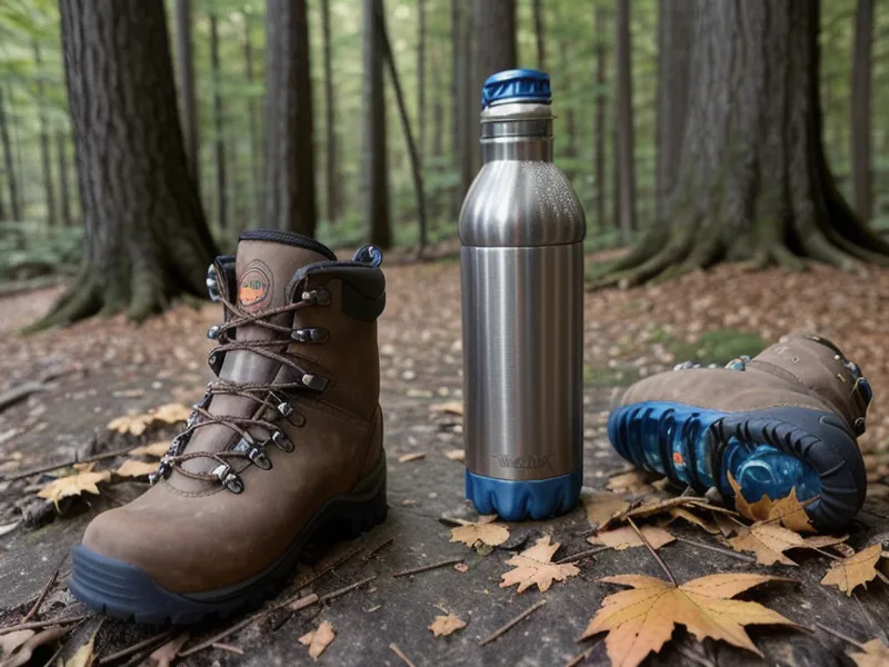 Lightweight trail running shoes and trekking poles on a wooded Massachusetts trail, gear for hiking over 50