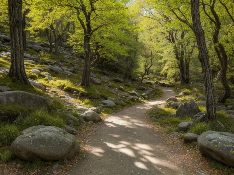 A quiet forest trail at Borderland State Park during an active-aging hike