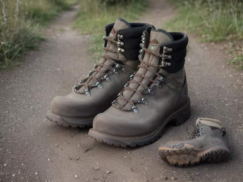 Hiking boots and a trail map on a gravel parking lot before a pre-trail warm-up