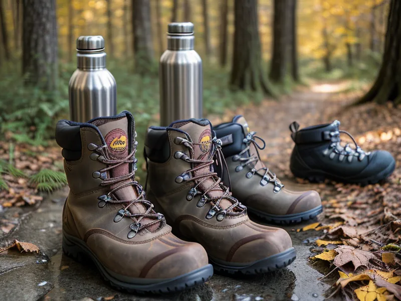 Hiking boots on an autumn trail — the reason the desk knee work is worth it