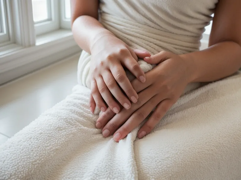 Rolled-up towel positioned under the knee for a bodyweight terminal knee extension exercise at home