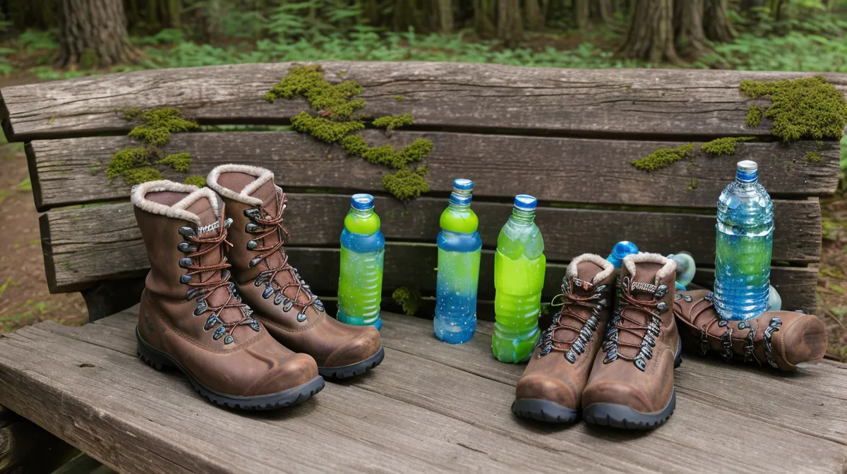 Muddy hiking boots resting by the door, the active aging reality of joint health and hiking after 50