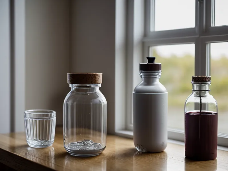 Joint health supplement bottle and a glass of water on a sunlit kitchen counter for active aging