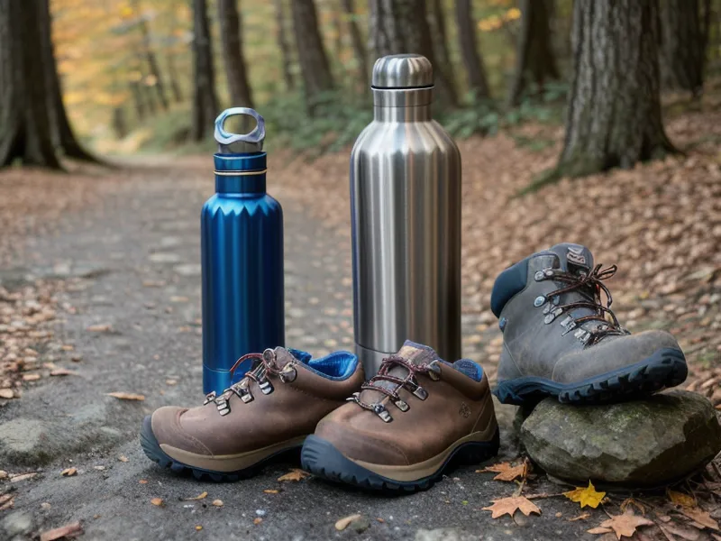 Trekking poles gripped on a rocky New England trail, hiking gear built to protect bad knees