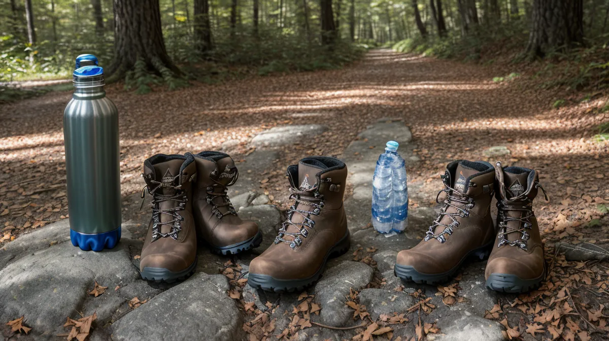 Hiking over 50 on a rocky New England trail with trekking poles, easing into active aging with healthier knees