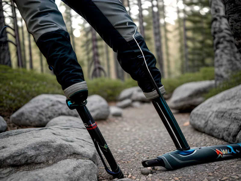 Trekking poles leaning on a rock along a pine-lined Middlesex Fells trail