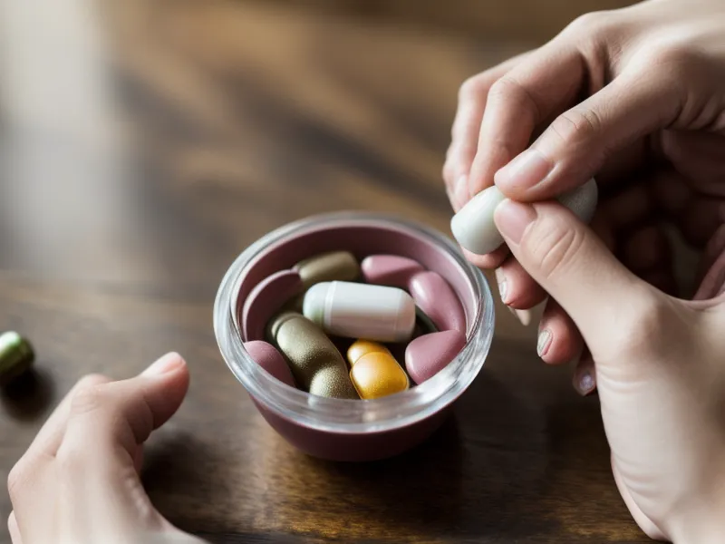 A joint support capsule held in an open hand, part of a daily active-aging routine for synovial fluid support