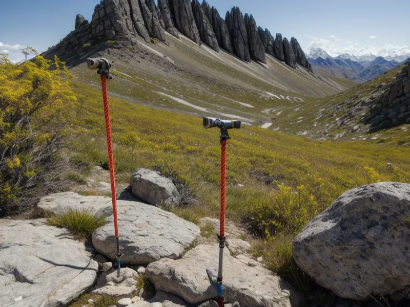 Trekking poles propped against trail rock, a practical hiking tip for protecting joint mobility on steep descents
