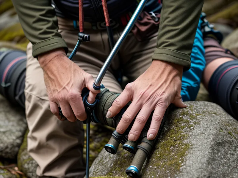 Hands gripping trekking poles on a hiking trail, using pole leverage to support joint mobility on the downhill sections