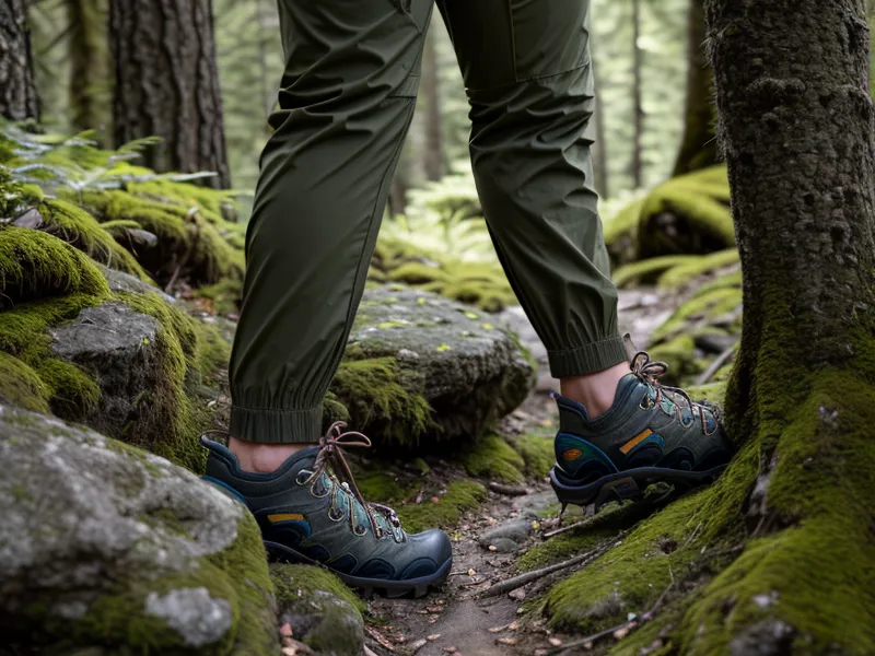 Close-up of a hiker's legs on a rocky trail path, showing the kind of knee mobility challenge common after 50