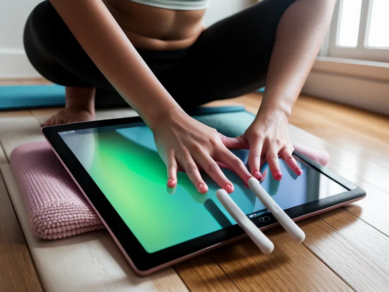 A woman following a home knee-strengthening exercise program on a tablet, part of an active-aging mobility routine