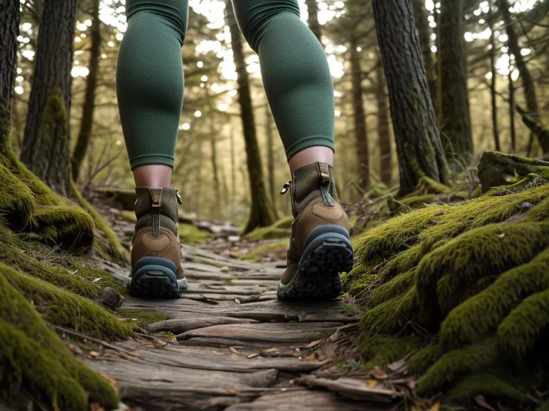 Close-up of a controlled step-down exercise on a wooden trail step, building the eccentric strength that protects knees on descents