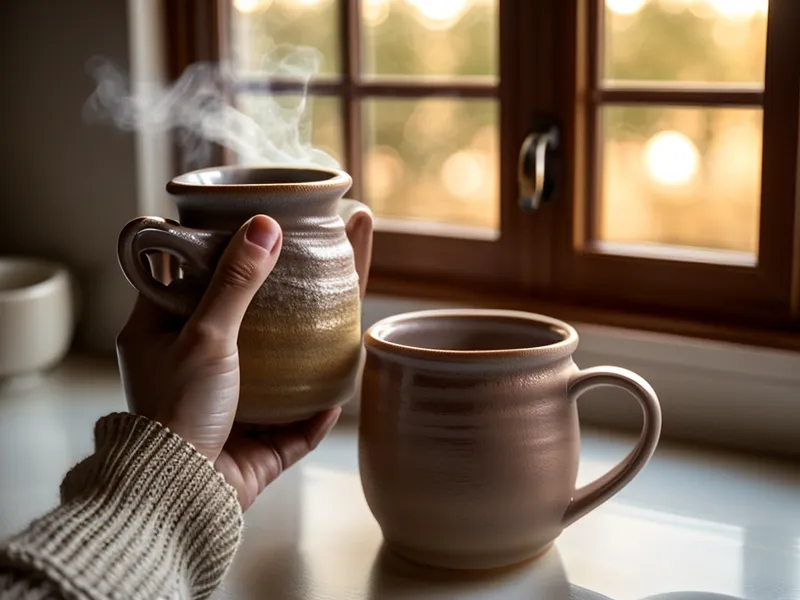 A woman holding a coffee mug beside a joint health supplement bottle as part of a mobility-after-50 morning routine