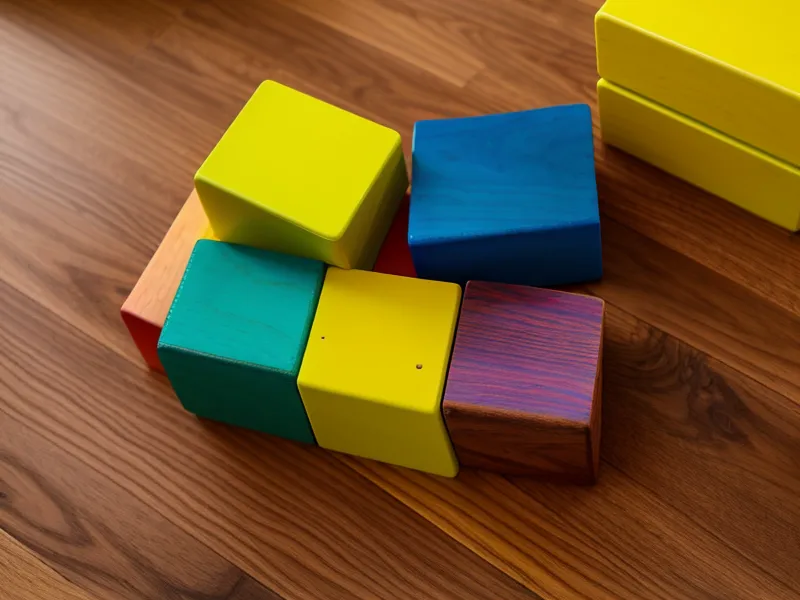 A toddler's toy block next to supportive walking shoes on a wooden floor, a small reminder of the balancing act behind active aging