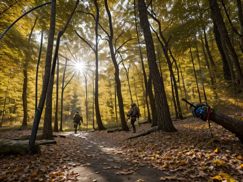 Trekking poles leaning against a park bench on a wooded trail, a simple tool that changed joint health and mobility after 50 on descents