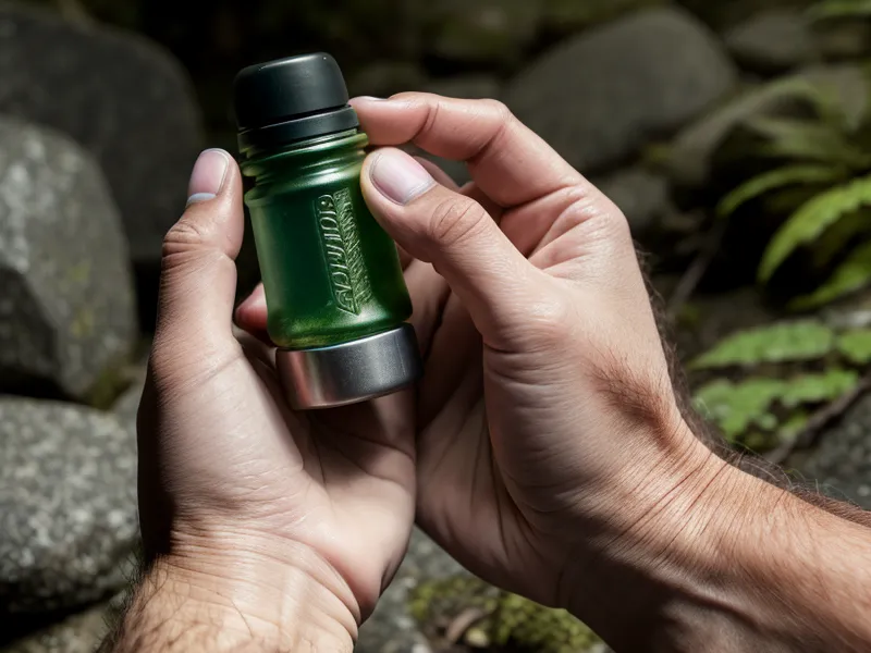 Hiker over 50 resting on a granite rock while holding a joint supplement capsule for hiking recovery