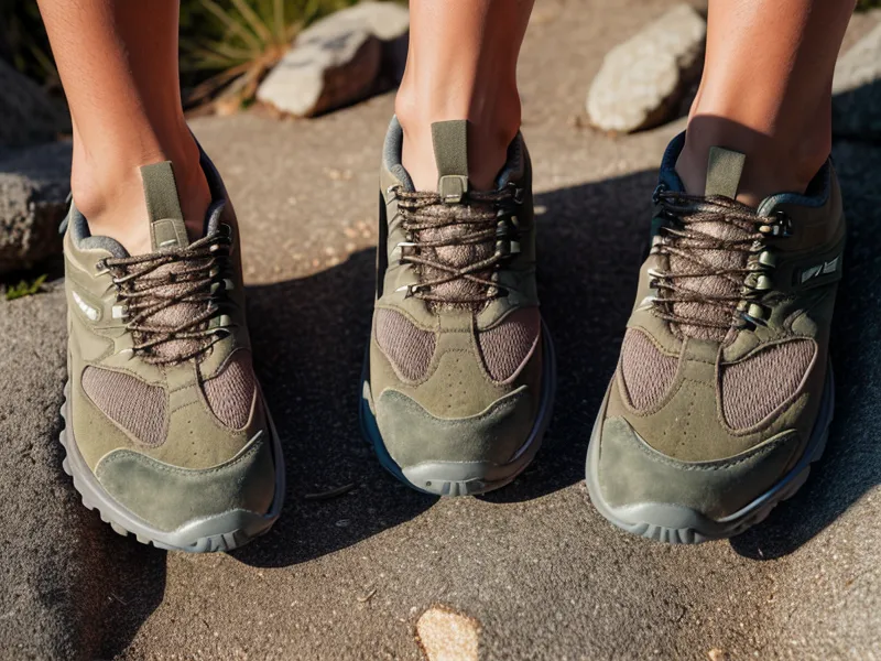 Close-up of low-drop hiking shoes on a flat woodland trail.