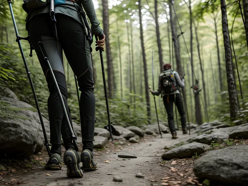 Trekking poles striking a gravel trail path, redistributing weight off aging knees on a steep descent.