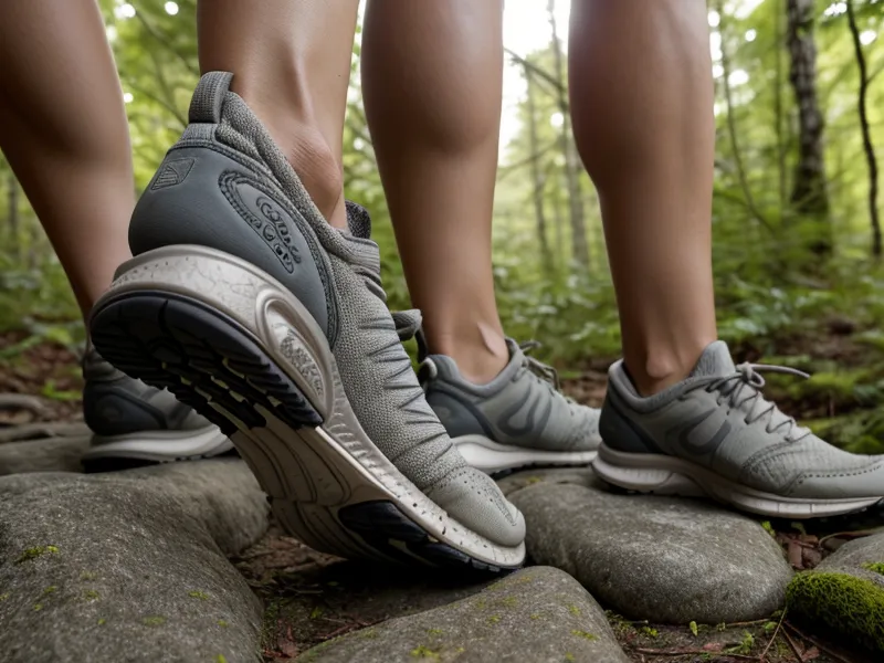 Low-drop trail running shoes gripping a rock, chosen for lighter joint load during hikes after 50.