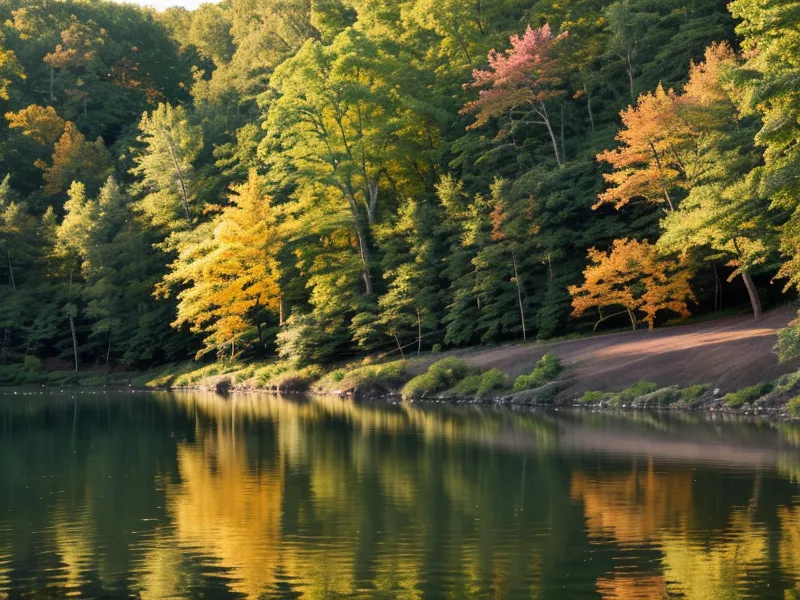 Sunlight reflecting across a calm pond beside a flat wooded trail loop, proof that low-impact hikes still deliver.