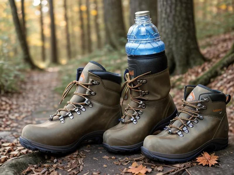 Heavy leather hiking boots with a raised heel resting on a trailhead stone, the hiking gear behind years of joint strain
