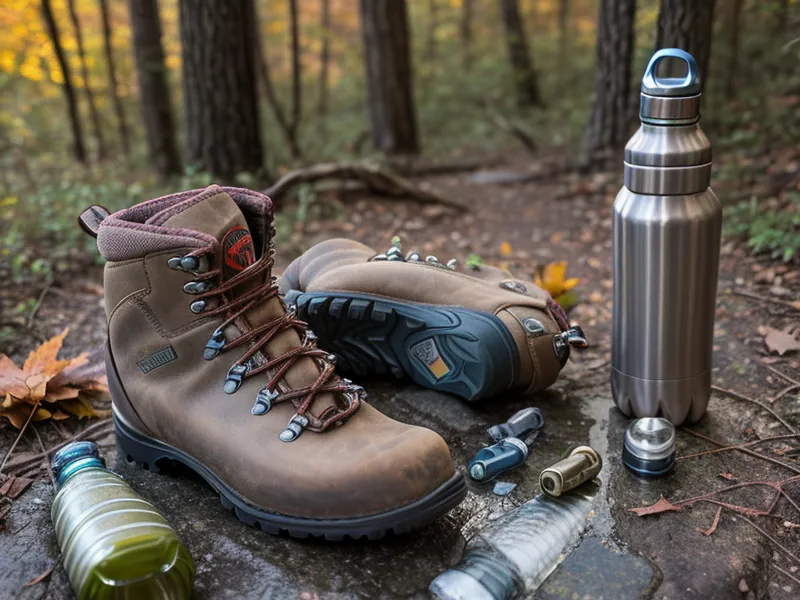 Carbide trekking pole tips striking granite on a Middlesex Fells trail to ease knee and hip strain on the descent