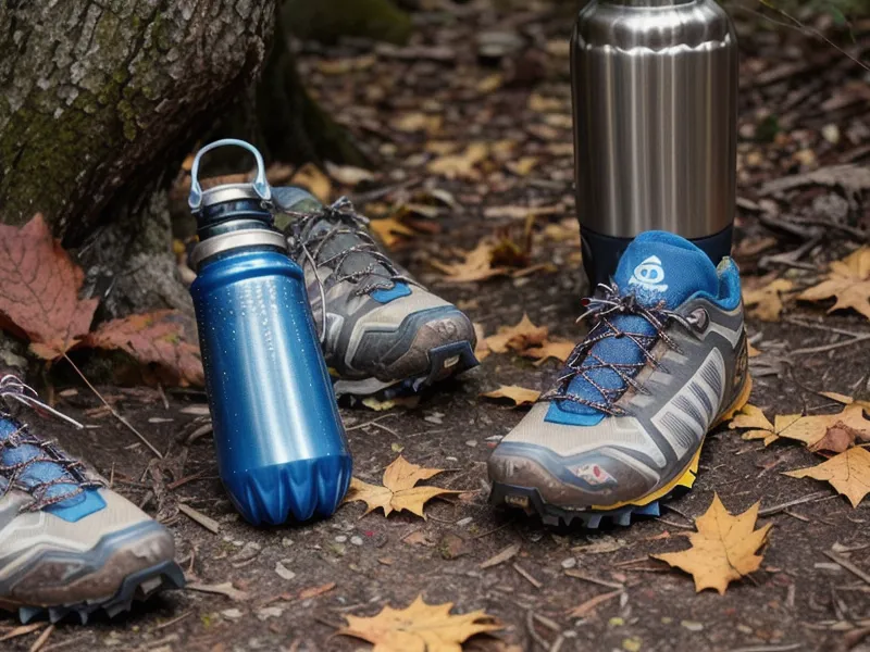 Heavy leather hiking boots swapped for lightweight trail runners, hiking gear for joint health and active aging