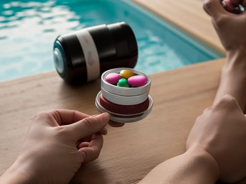 A hand holding a joint-health supplement capsule beside a pool pass, pairing swimming benefits with mobility-after-50 support