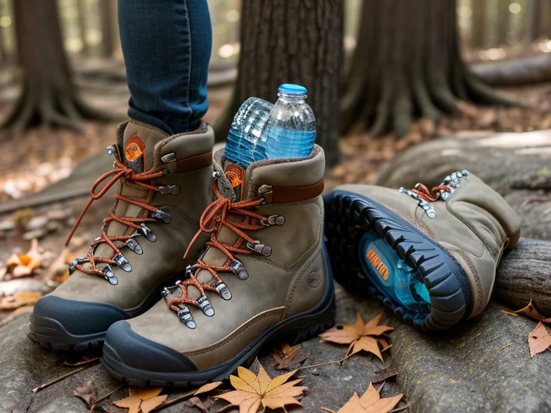 A tall camping chair with a higher seat height, easy-on-the-knees hiking gear, positioned next to a stone fire pit in the woods.