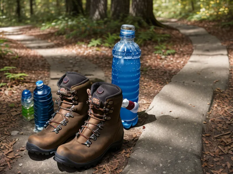 Evening knee-strengthening routine with a small mobility tool resting on a desk by trail shoes