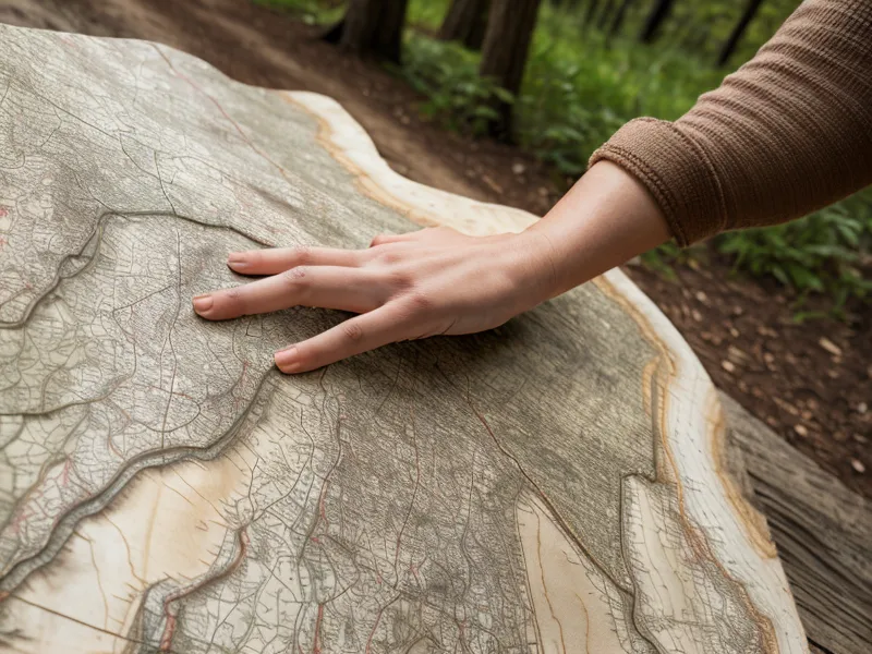A hand resting on a Blue Hills Reservation trail map in warm afternoon light, planning a low-impact walking route