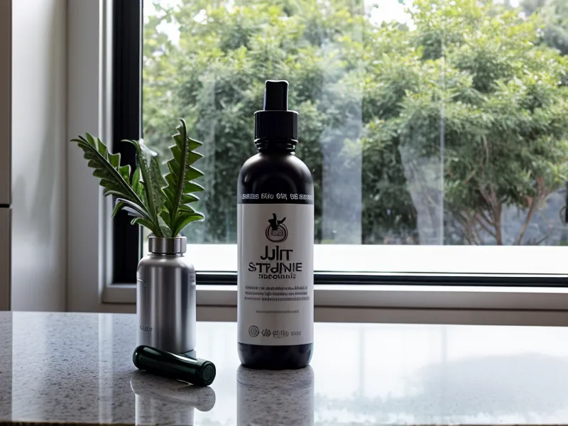 A bottle of joint support supplement and a glass of water on a kitchen counter, part of a mobility-after-50 routine for stiff joints