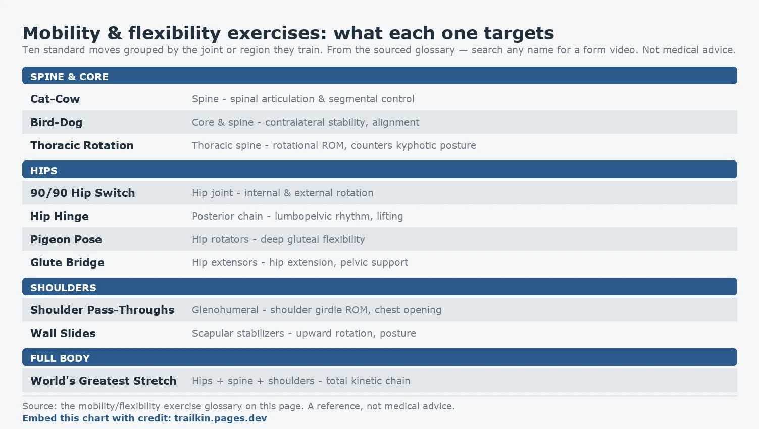 Reference card of ten mobility and flexibility exercises grouped by target region. Spine and core: Cat-Cow (spinal articulation), Bird-Dog (contralateral stability), Thoracic Rotation (rotational range of motion, counters kyphotic posture). Hips: 90/90 Hip Switch (internal and external hip rotation), Hip Hinge (lumbopelvic rhythm and lifting), Pigeon Pose (deep gluteal flexibility), Glute Bridge (hip extension). Shoulders: Shoulder Pass-Throughs (shoulder girdle range of motion), Wall Slides (scapular upward rotation and posture). Full body: World's Greatest Stretch (total kinetic chain). Not medical advice.